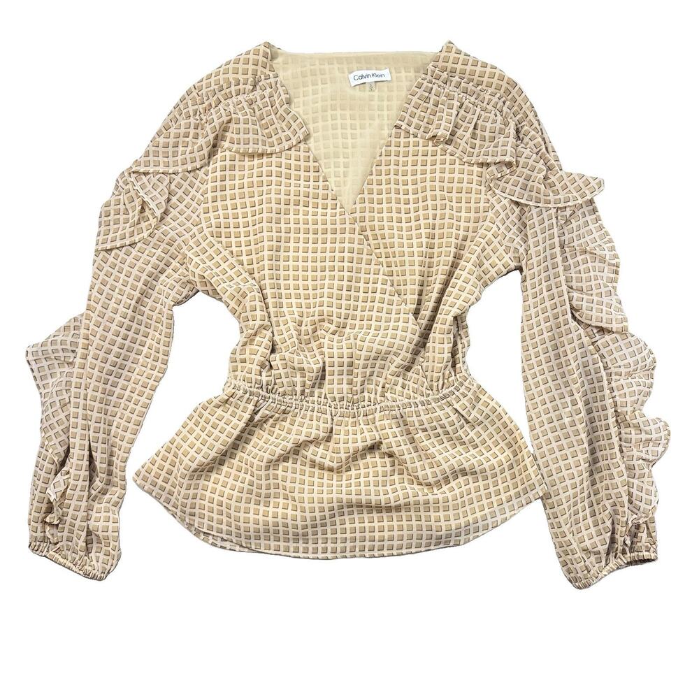 Calvin Klein Women's Ruffle Peplum Wrap Blouse Beige Geometric S 1713
